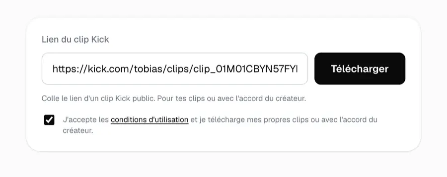 Un lien Kick reconnu avec la préparation du clip en cours dans le navigateur.