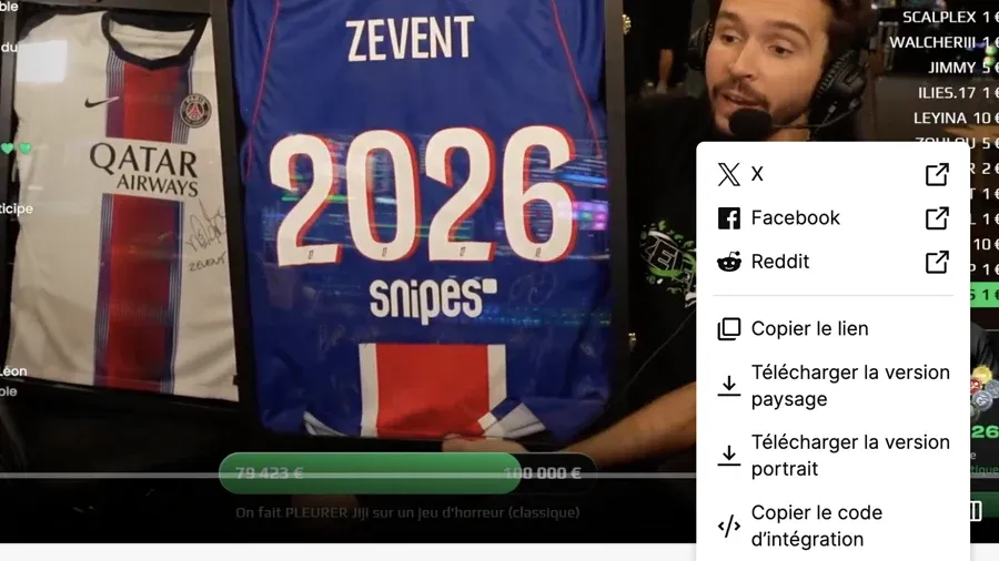 Un clip Twitch ouvert avec le menu Partager et l'action Copier le lien.